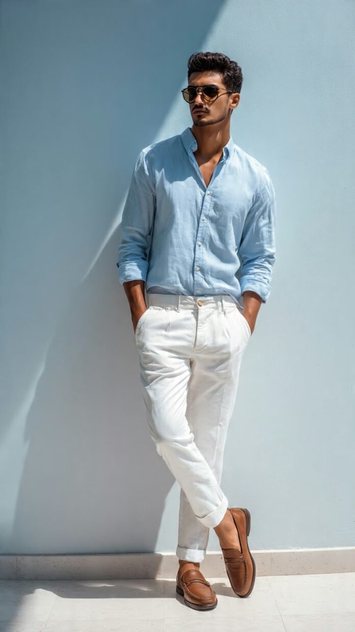 man wearing sky blue shirt with white chinos and brown loafers