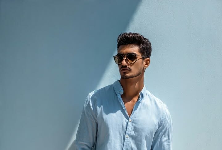 man wearing sky blue shirt with white chinos and brown loafers